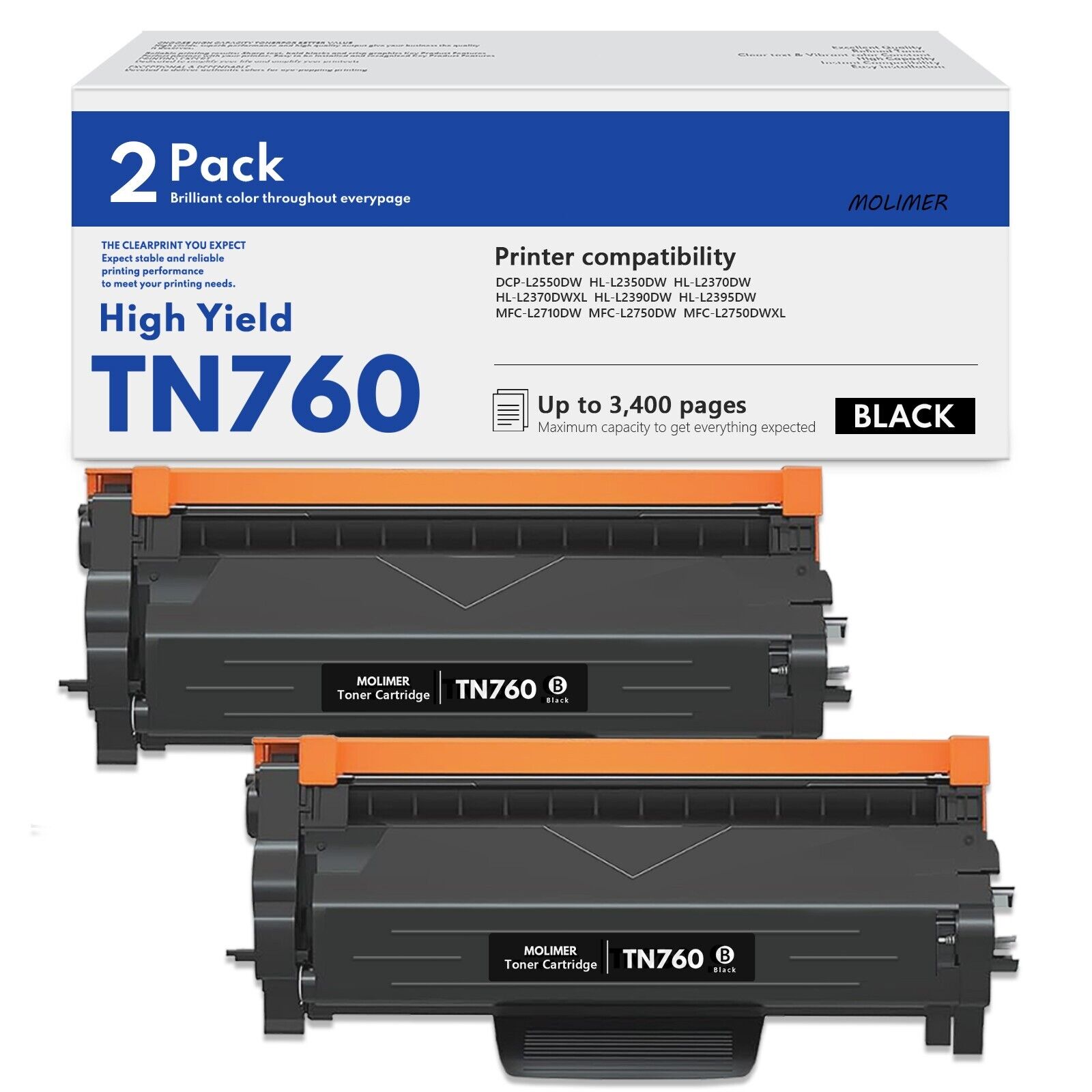 TN760 High Yield Toner Cartridge Replacement for Brother MFC-L2710DW Printer 2BK