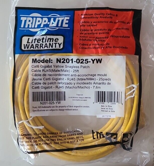 Tripp Lite 25FT RJ45 Male Cat6 Gigabit Snagless Molded Patch Cable - Yellow
