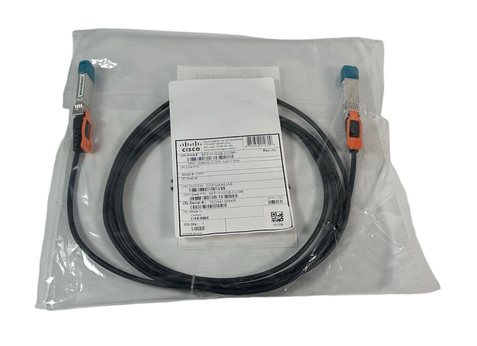 Cisco 10G Base-CU SFP 3meter Twinax Cable SFP-H10GB-CU3M