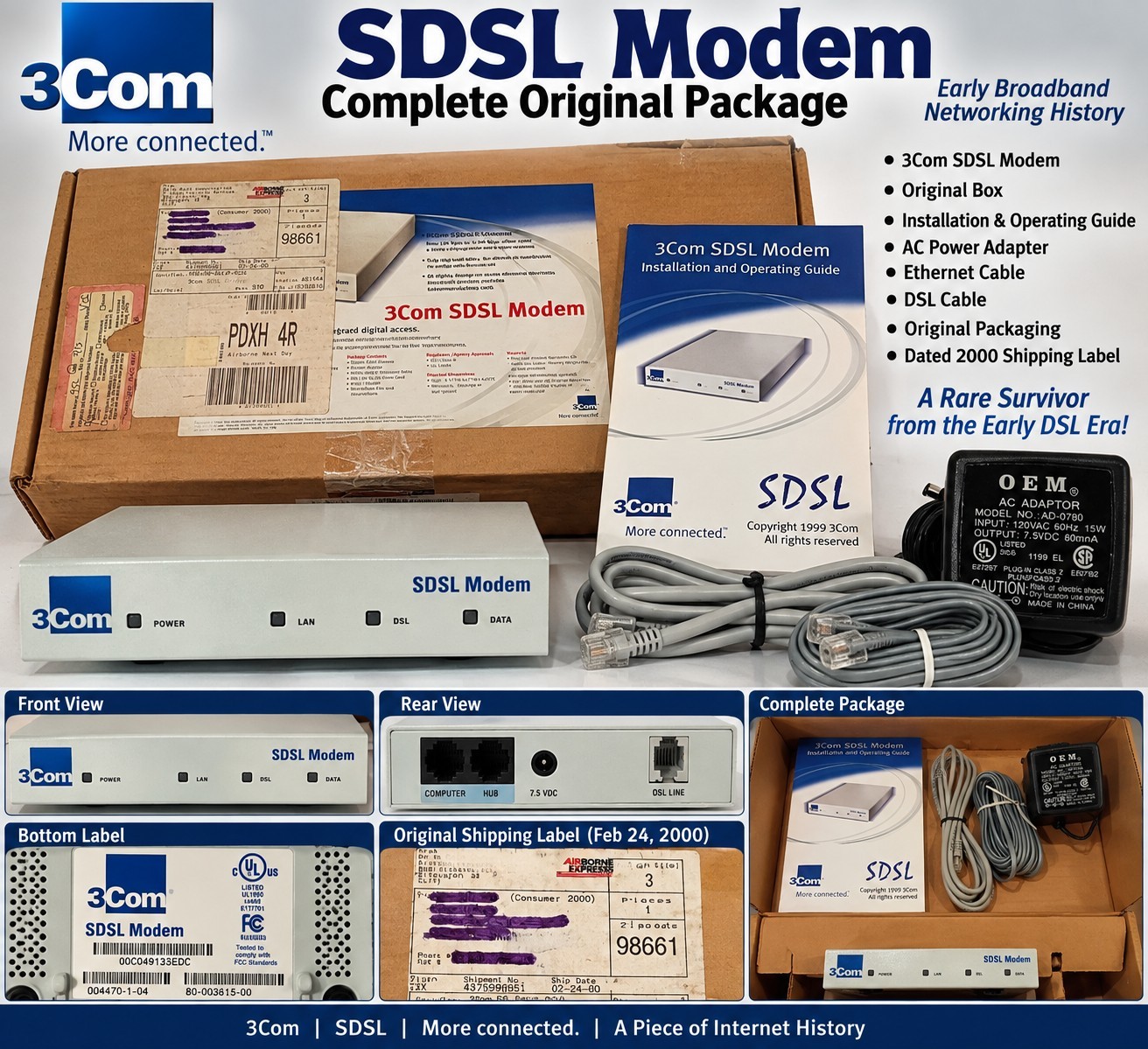 Vintage 3Com SDSL Modem 80-003615-00 Complete Box Manual Cables 2000