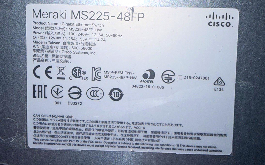 Cisco Meraki MS225-48FP-HW 48-Port Layer 2 Managed 1GbE 1U Switch SFP