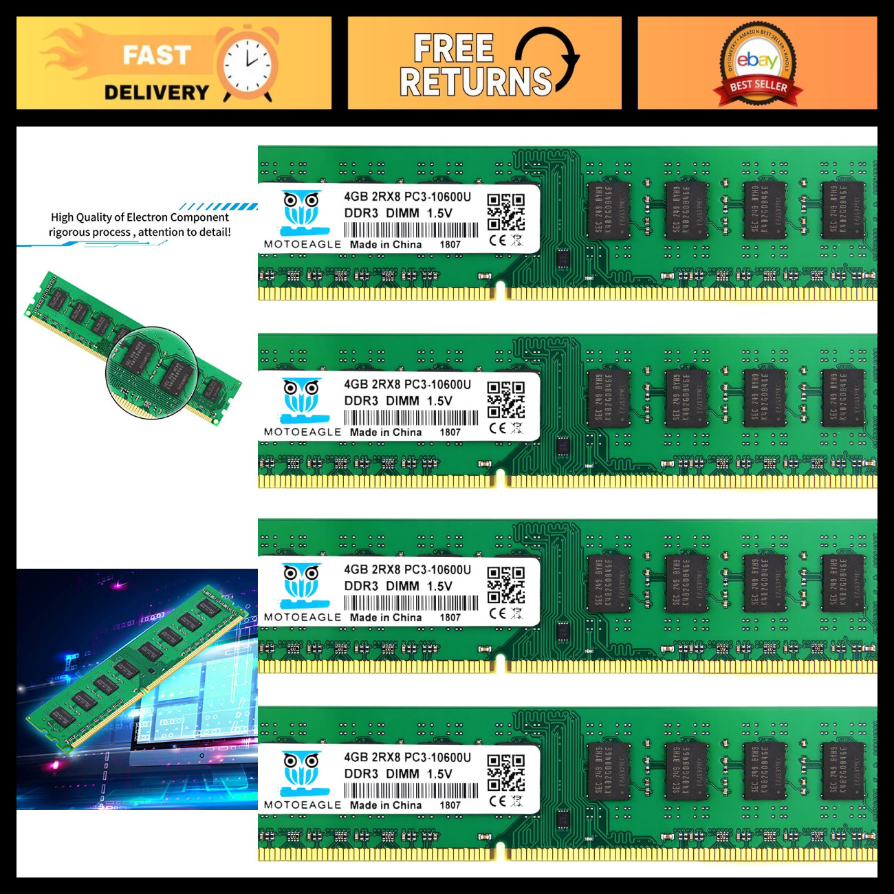 16GB DDR3 RAM Kit (4x4GB) 1333MHz UDIMM, PC3-10600U Memory, 240-Pin CL9 1.5V