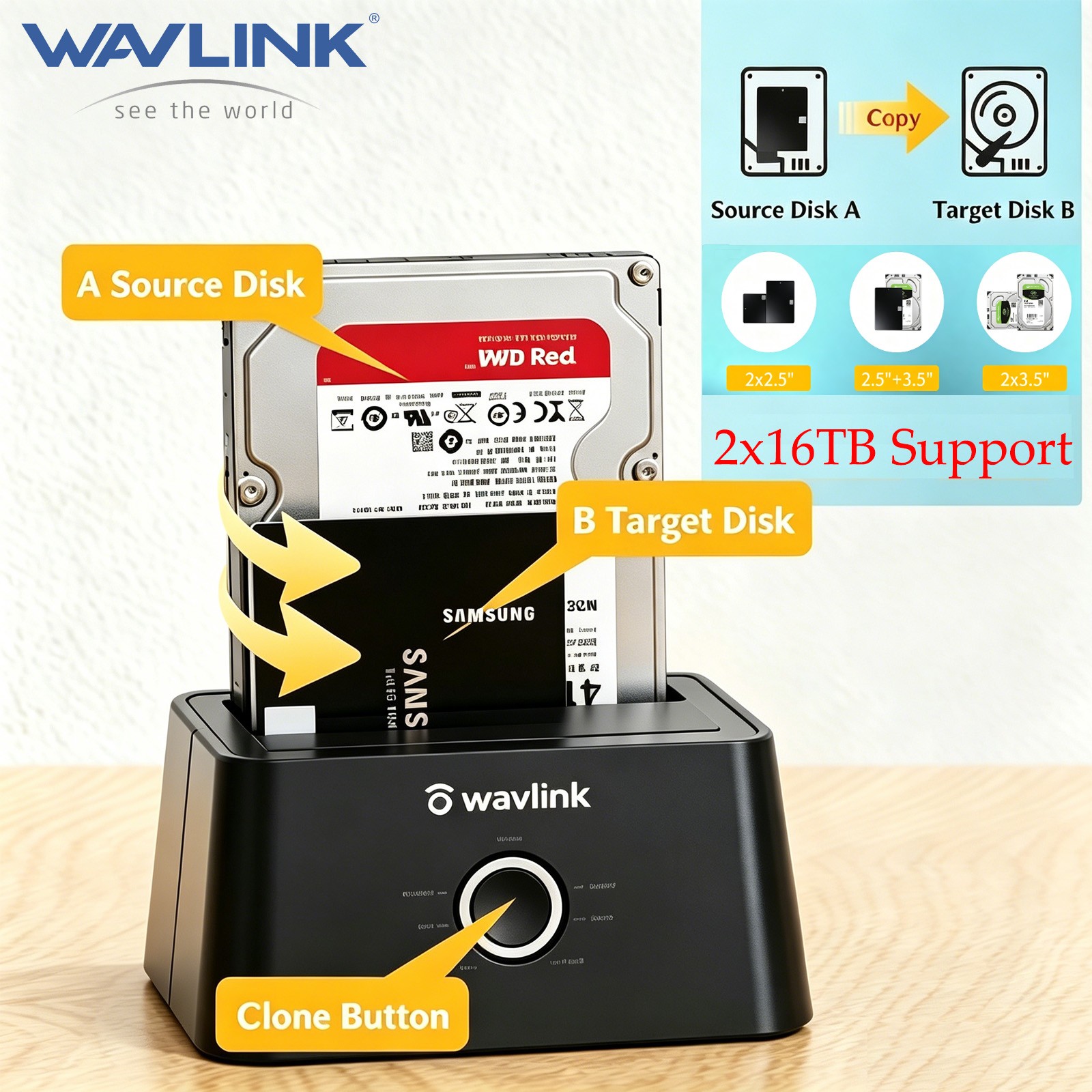 Wavlink HDD SSD Hard Drive Docking Station External Dual Bay Dock 2.5/3.5 Sata