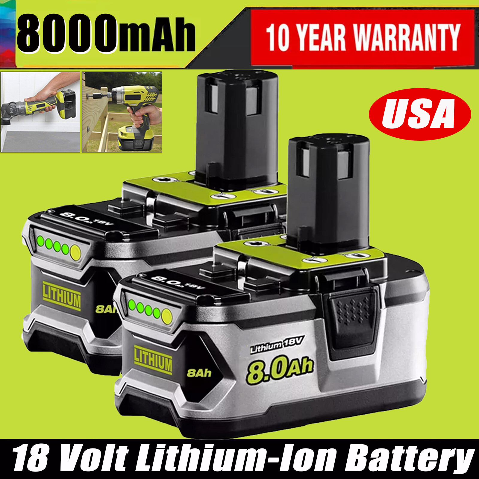 2PACK 8.0Ah Lithium-ion For RYOBI P108 18V One Plus High Capacity 18Volt Battery
