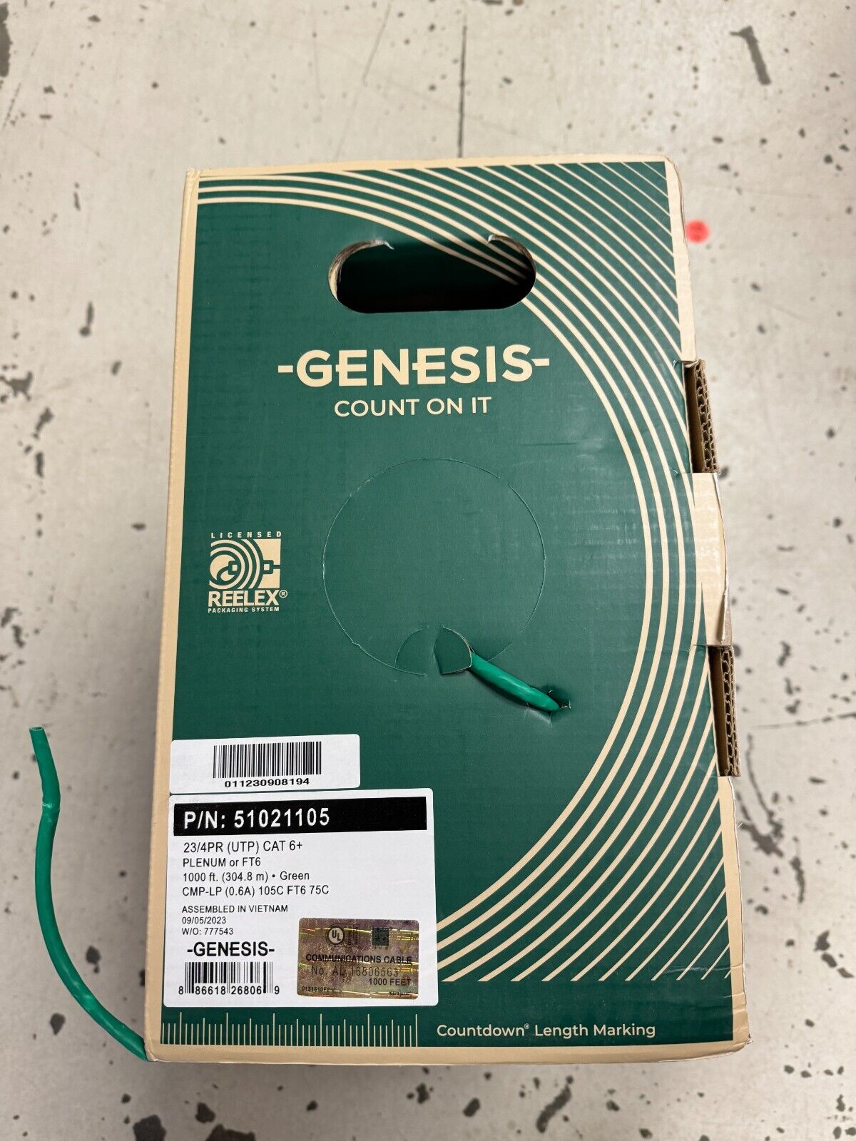 Genesis 51021105 23/4PR (UTP) CAT 6+ PLENUM FT6 1000ft (304.8 m) Green Pull Box