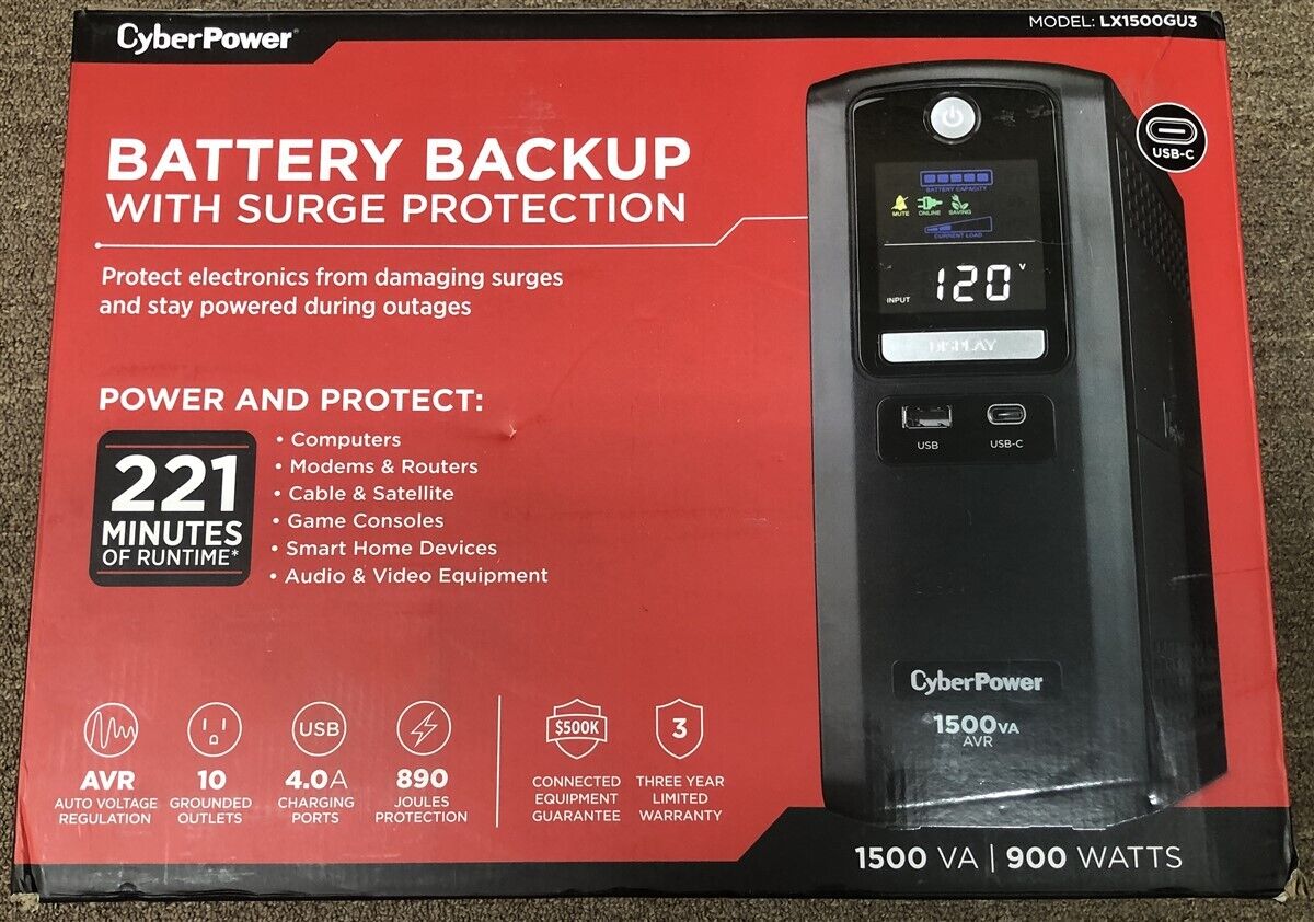 CyberPower 1500VA Battery Back-Up System UPS 10 Outlet Surge Protector LX1500GU3