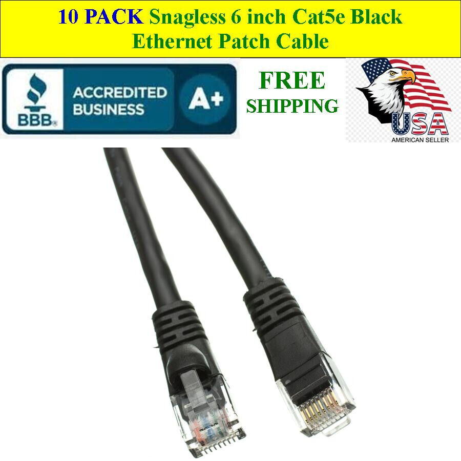 10 PACK 6 In Cat5e Black Network Ethernet Patch Cable Computer LAN 1 Gbps 350MHz
