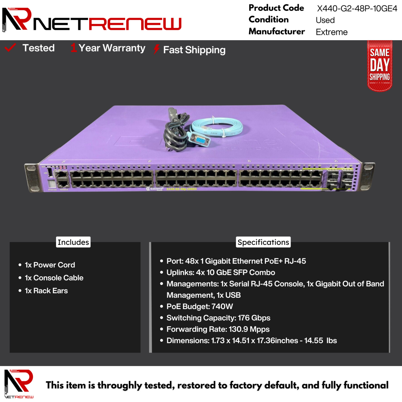 Extreme X440-G2-48P-10GE4 16535 48-Port x 1GE PoE 4 Combo 1G/10G SFP Switch