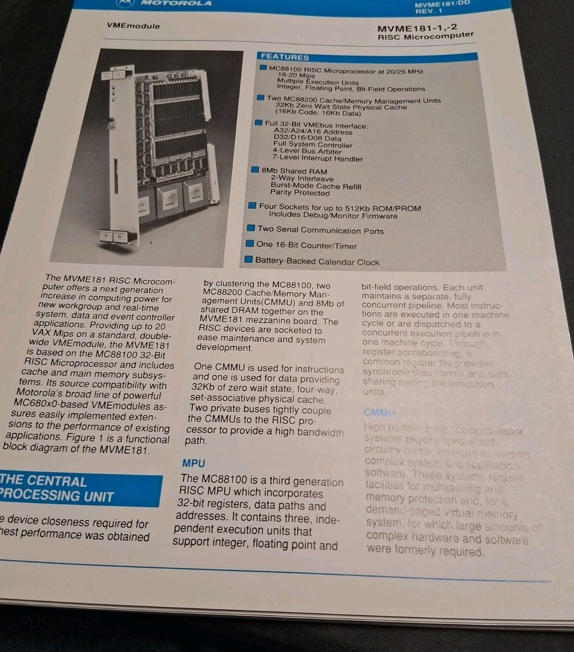 VINTAGE 1980S MOTOROLA BROCHURE MVME181-1, -2 RISC MICROCOMPUTER 