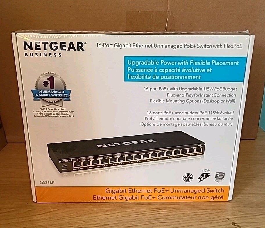 Brand New Sealed NETGEAR 16-Port PoE+ Gigabit Ethernet Switch GS316P 115W