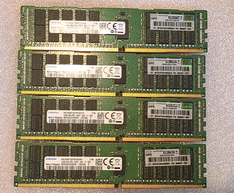 Lot of 4 x 16gb Samsung DDR4-2400T ECC PC4 2Rx4 M393A2G40DB1-CRC0Q Server RAM
