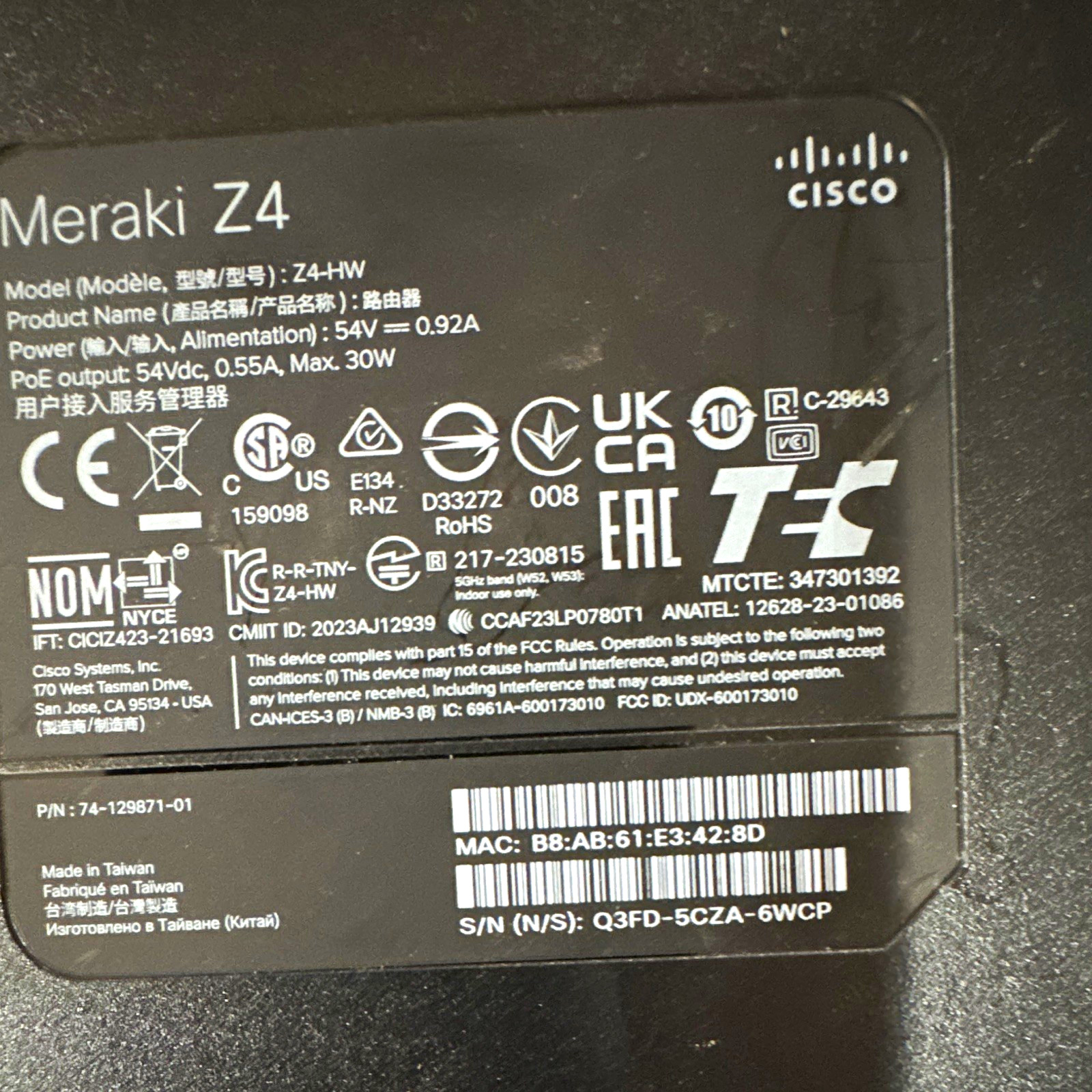 Cisco Meraki Z4-HW Wired Gigabit Router, 5 LAN Ports, PoE, Black