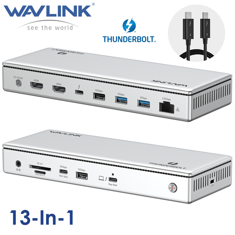 WAVLINK Multi TB4/5 Laptop Docking Station Thunderbolt 5 Dock Dual HDMI DP 140W