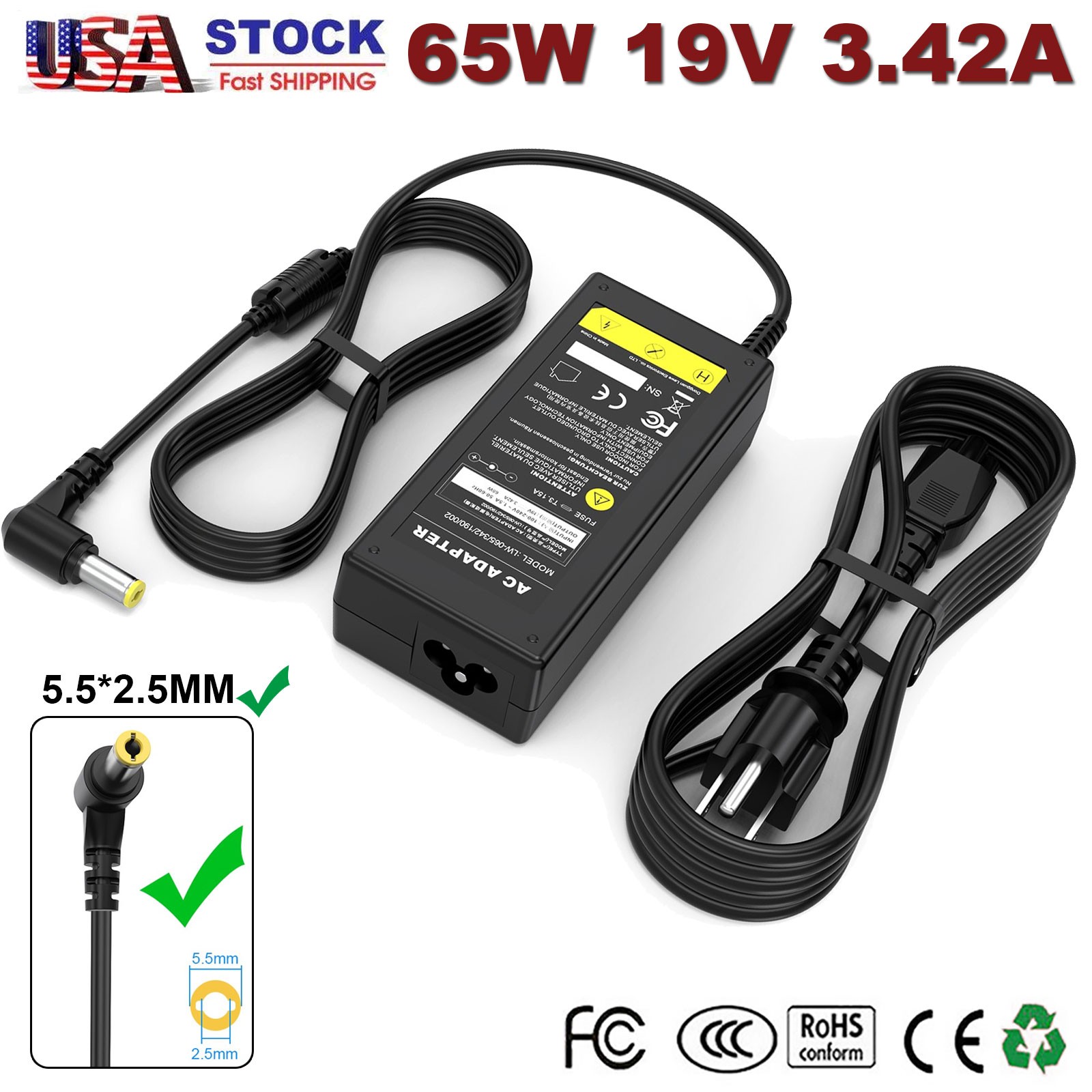 65W AC Adapter Charger for Toshiba Satellite C655-S5132 L755-S5216 Laptop Power
