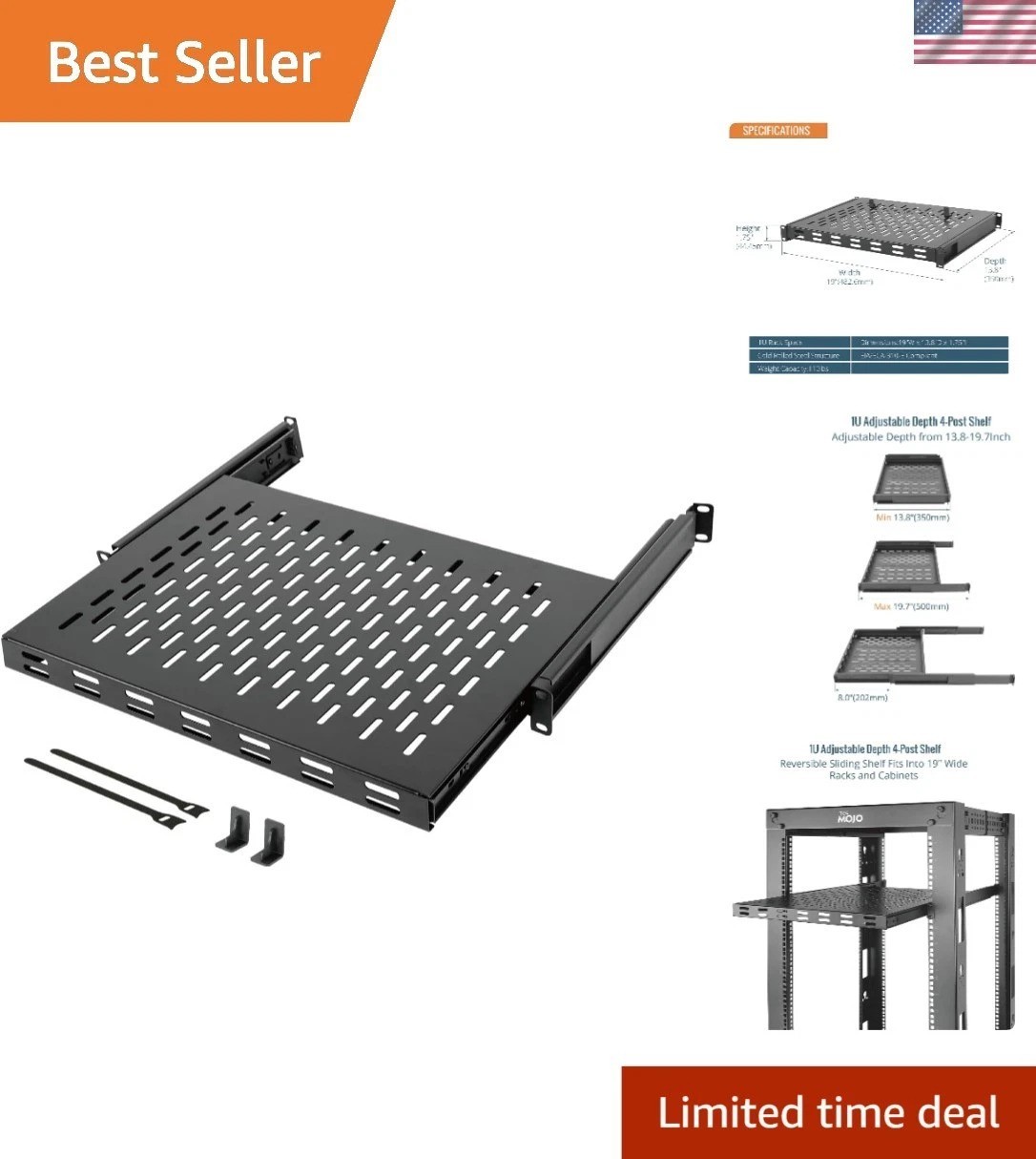1U Sliding Rack Shelf,4-Post Vented Rack Mount Shelf,13.8in Deep with Adjusta...