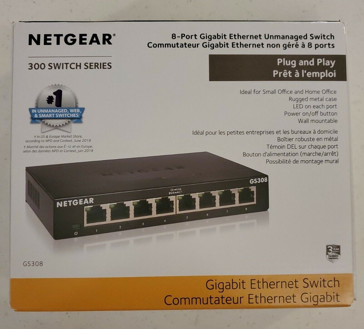 NETGEAR 8-Port Gigabit Ethernet Unmanaged Switch Home & Office Network HUB GS308