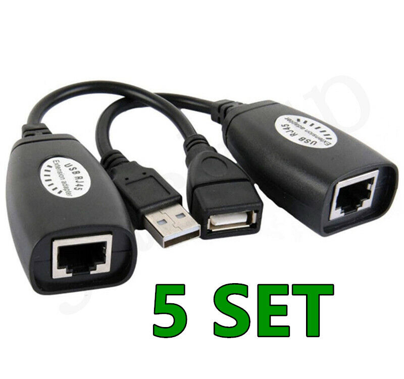 5X USB Exten Ethernet RJ45 Cat5e/6 Cable LAN Adapter Extender Over Repeater Set