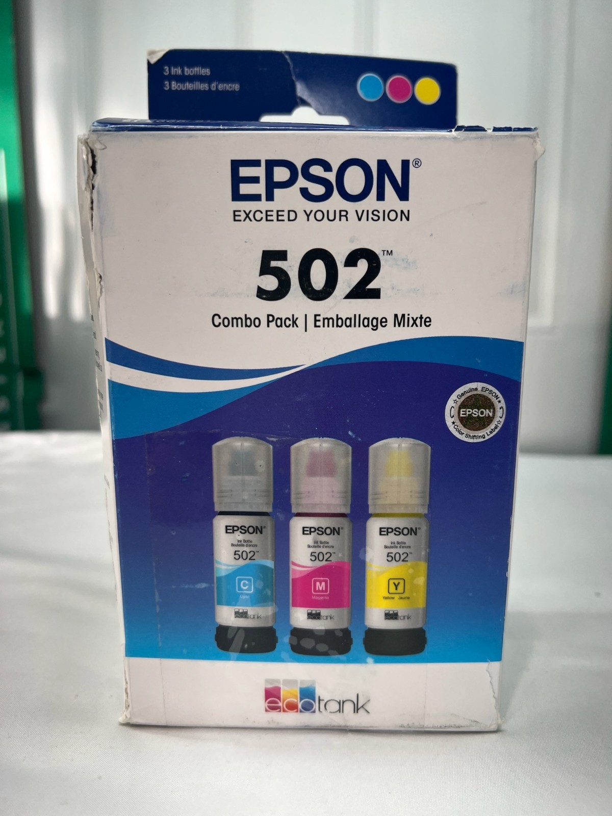 Epson 502  EcoTank Combo Pack Ink exp 11/28 Sealed Bottle Ink Damaged Open Box