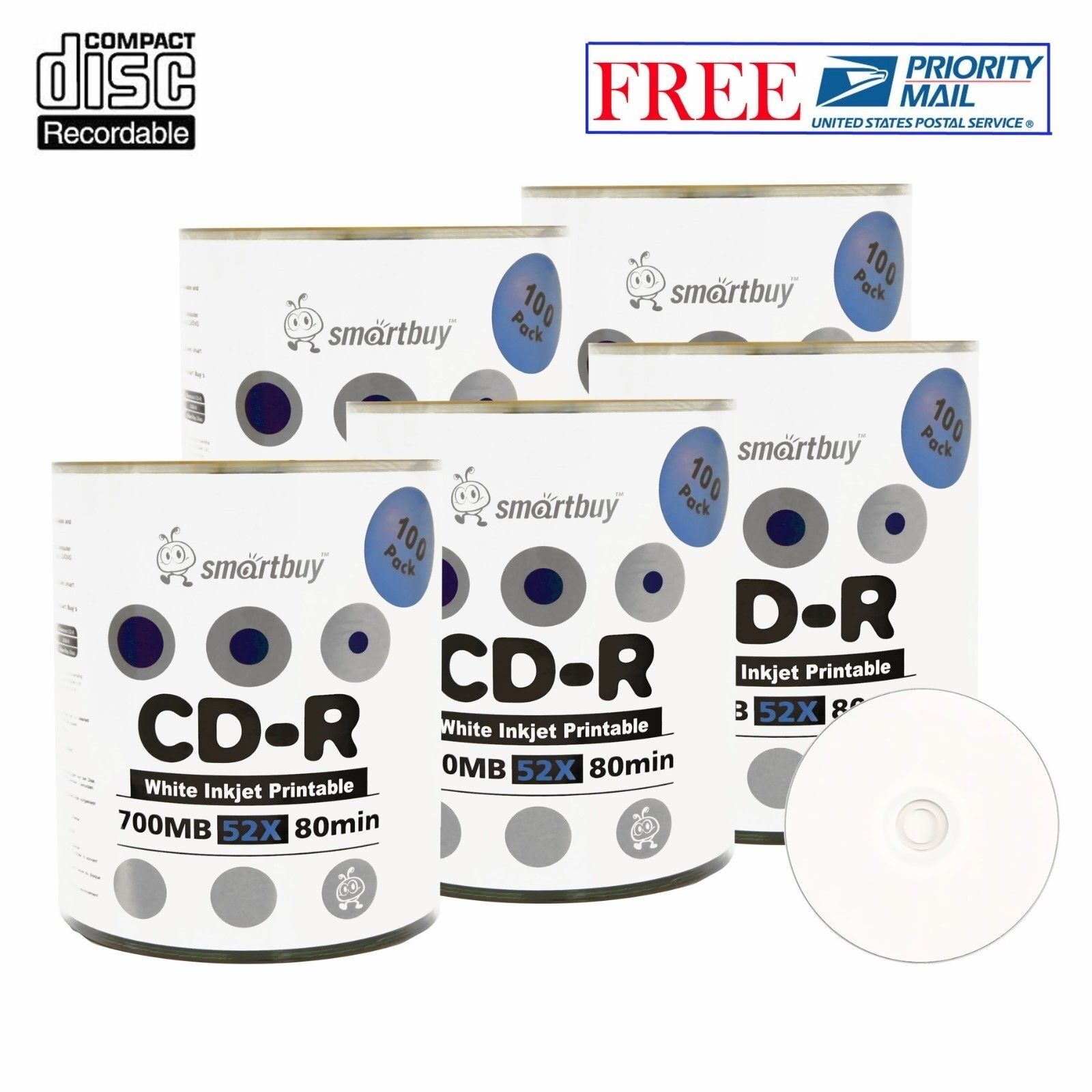 500 Pack Smartbuy CD-R 52X 700MB White Inkjet Printable Blank Disc Priority Mail