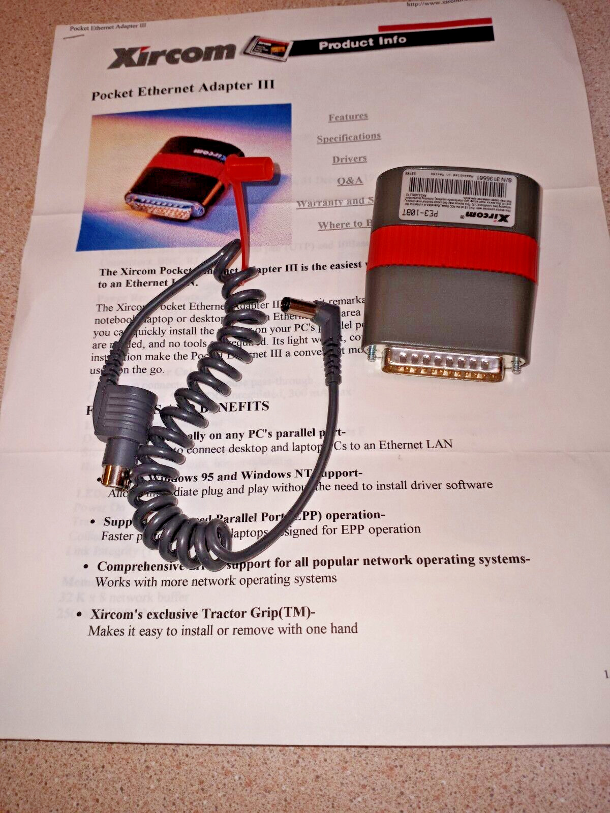 Xircom PE3-10BT PE310BT Parallel Port Ethernet Adaptor w/PS2 Power Cable
