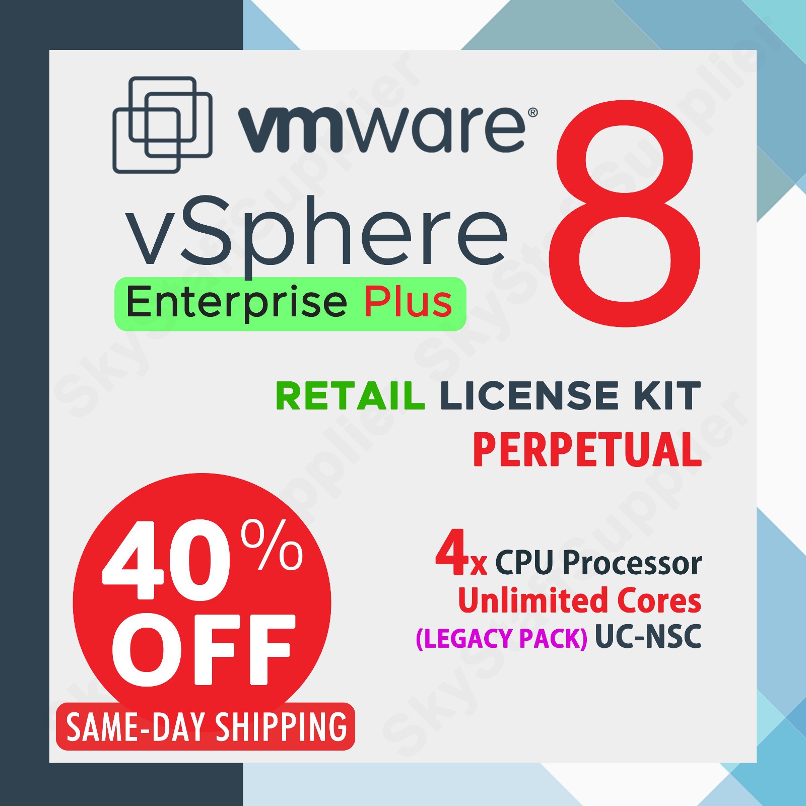 VMware vSphere 8 ENTERPRISE Plus 4 CPU, Perpetual RETAIL (Legacy) License, NEW