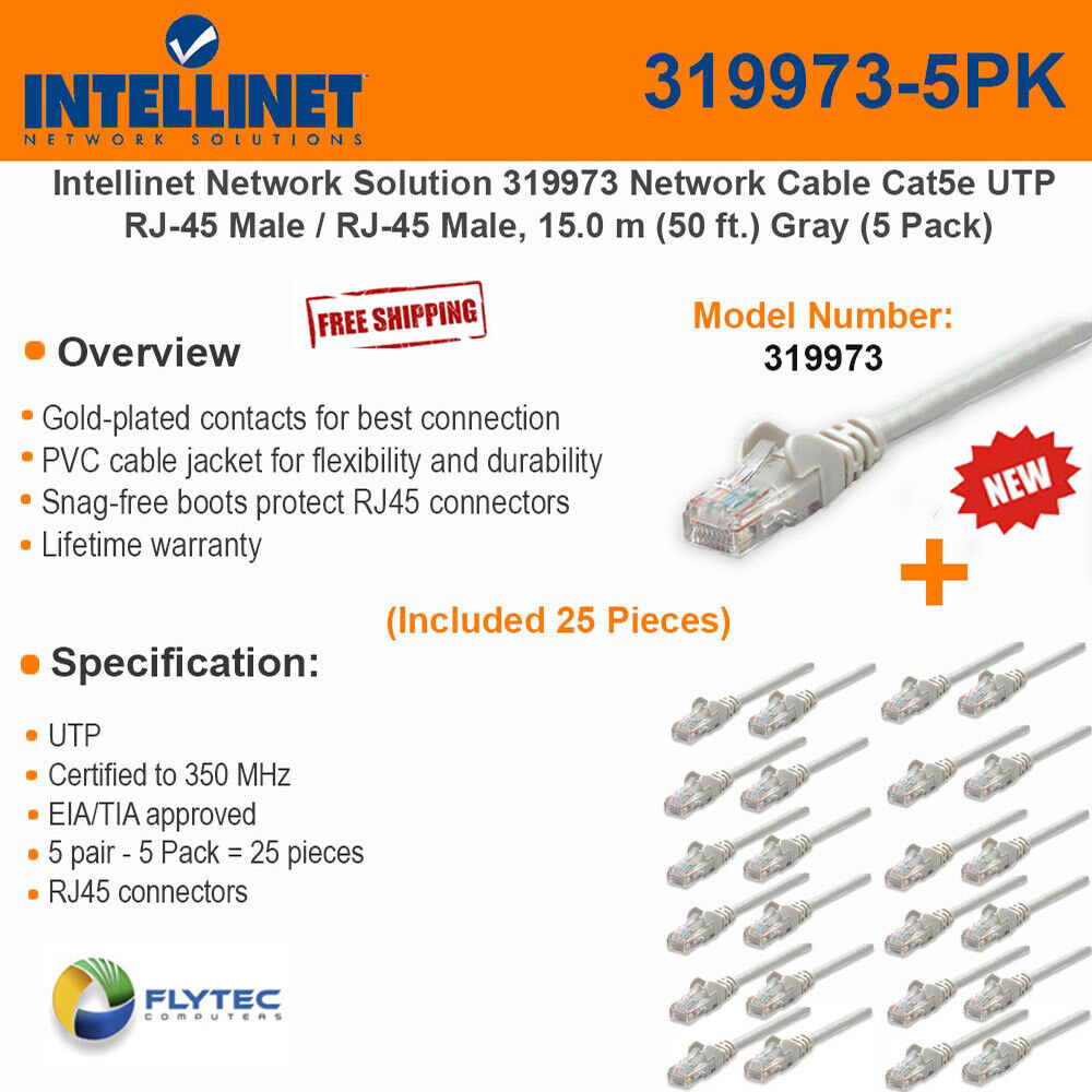 Intellinet 319973 5 Units Network Cable Cat5e UTP RJ-45 Male 15.0m (50 ft.) Gray