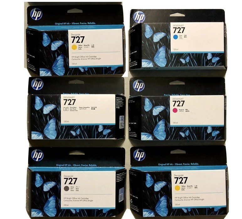 Set of 6 New Genuine OEM Factory Sealed HP 727 Inkjets 130ml (NO MK) 2021-22